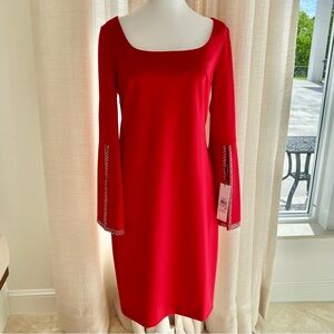 NWT Calvin Klein Red Split Rhinestone Bell Sleeves Sheath Dress Holidays Party